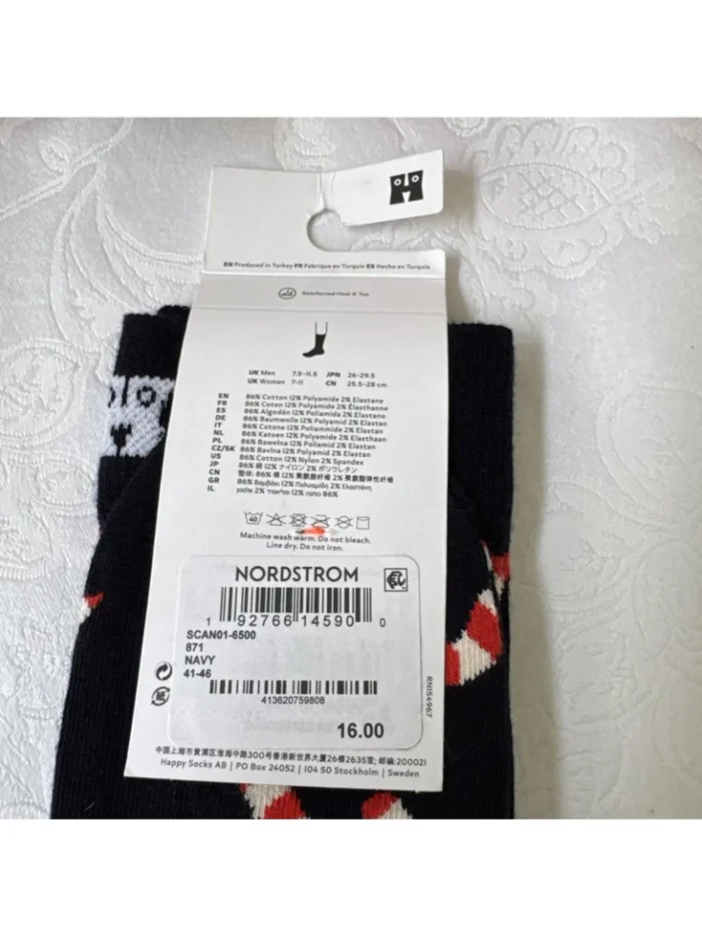 Happy Socks M 8-12 Crew Socks Christmas Holiday Candy Cane Novelty 41-46 NEW